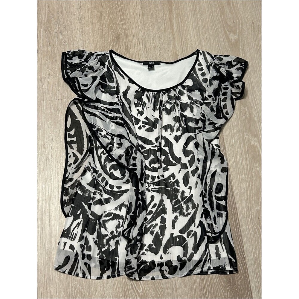 BCX Black & White Ruffled and Fluttered Sleeve Abstract Printed Blouse Sz Small